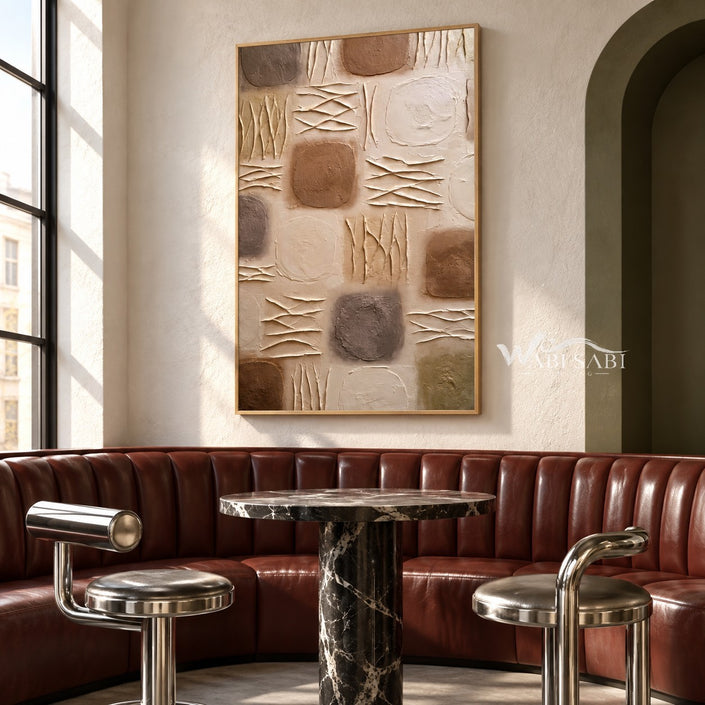 Earth Tone Blocks with Diagonal Marks Painting shown in a bar area.