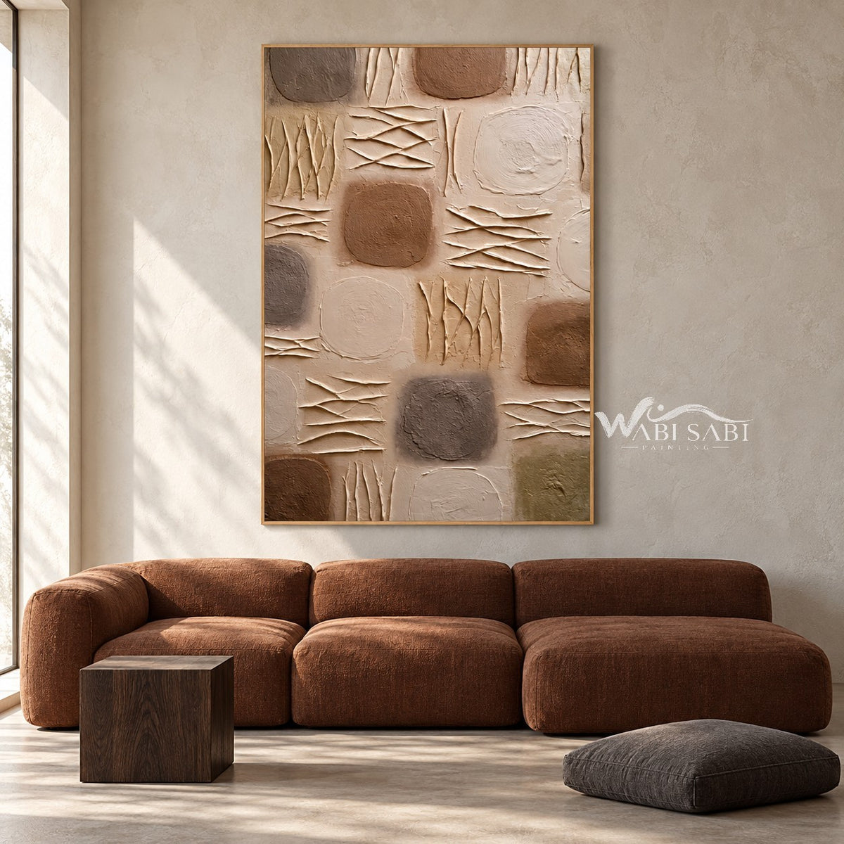 Earth Tone Blocks with Diagonal Marks Painting shown in a living room with a sofa.