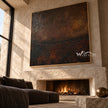Ember Ground Abstract Painting shown near a fireplace.