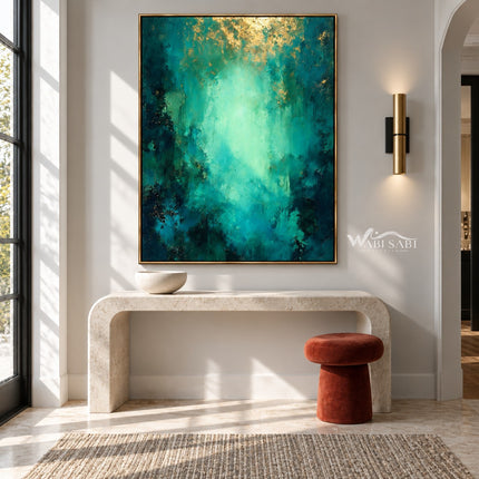 Emerald Abstract Wall Art with a Pale Center shown above a pale console.