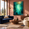 Emerald Abstract Wall Art with a Pale Center shown above a blue sofa.