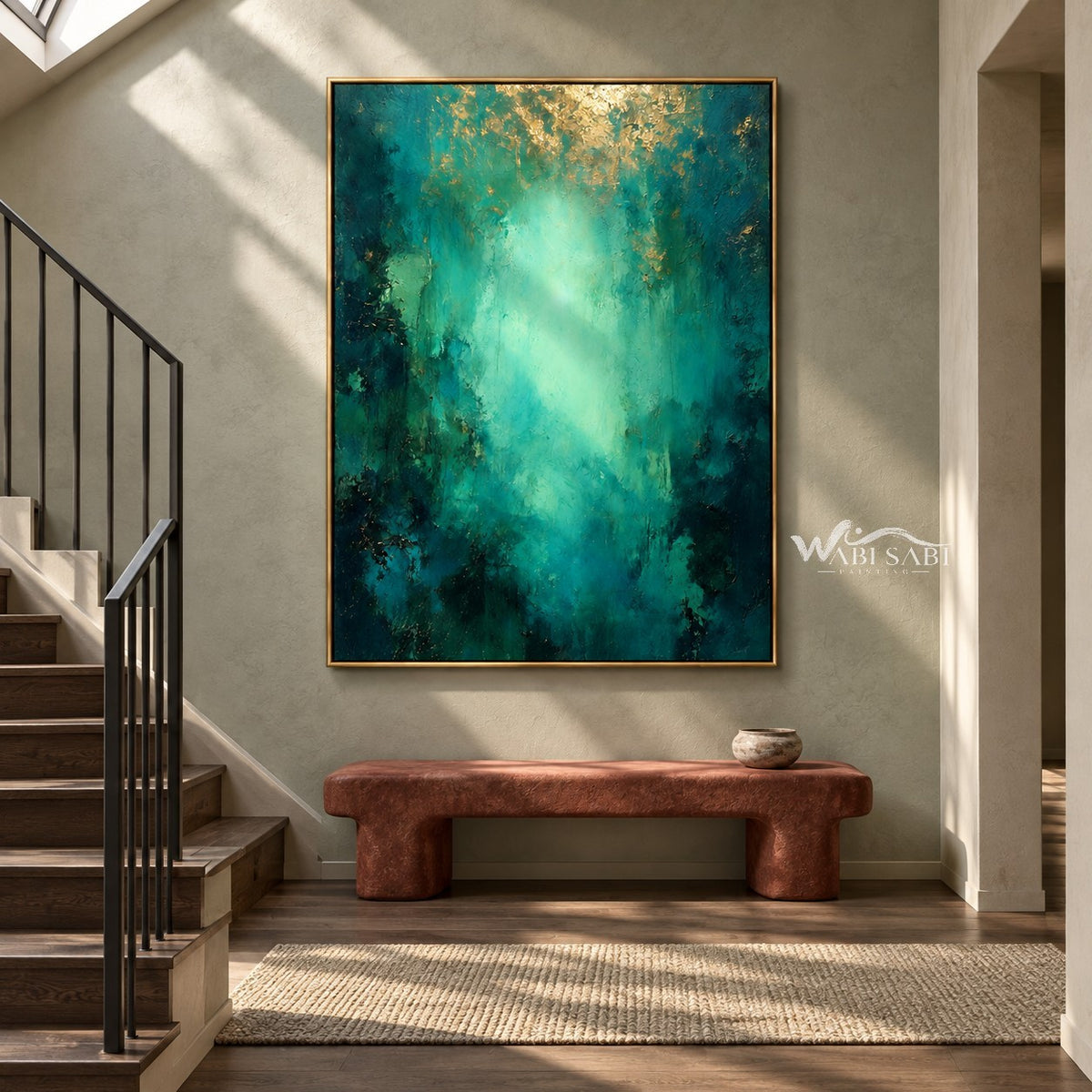 Emerald Abstract Wall Art with a Pale Center shown above a bench near a staircase.