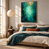 Emerald Abstract Wall Art with a Pale Center shown above a bed with a green throw.