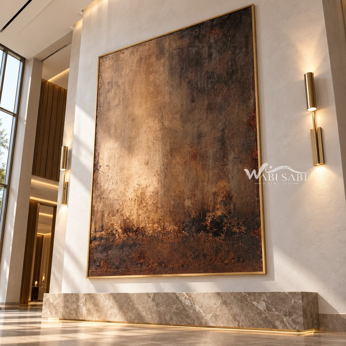 Faded Brass Abstract Wall Art shown above a console.
