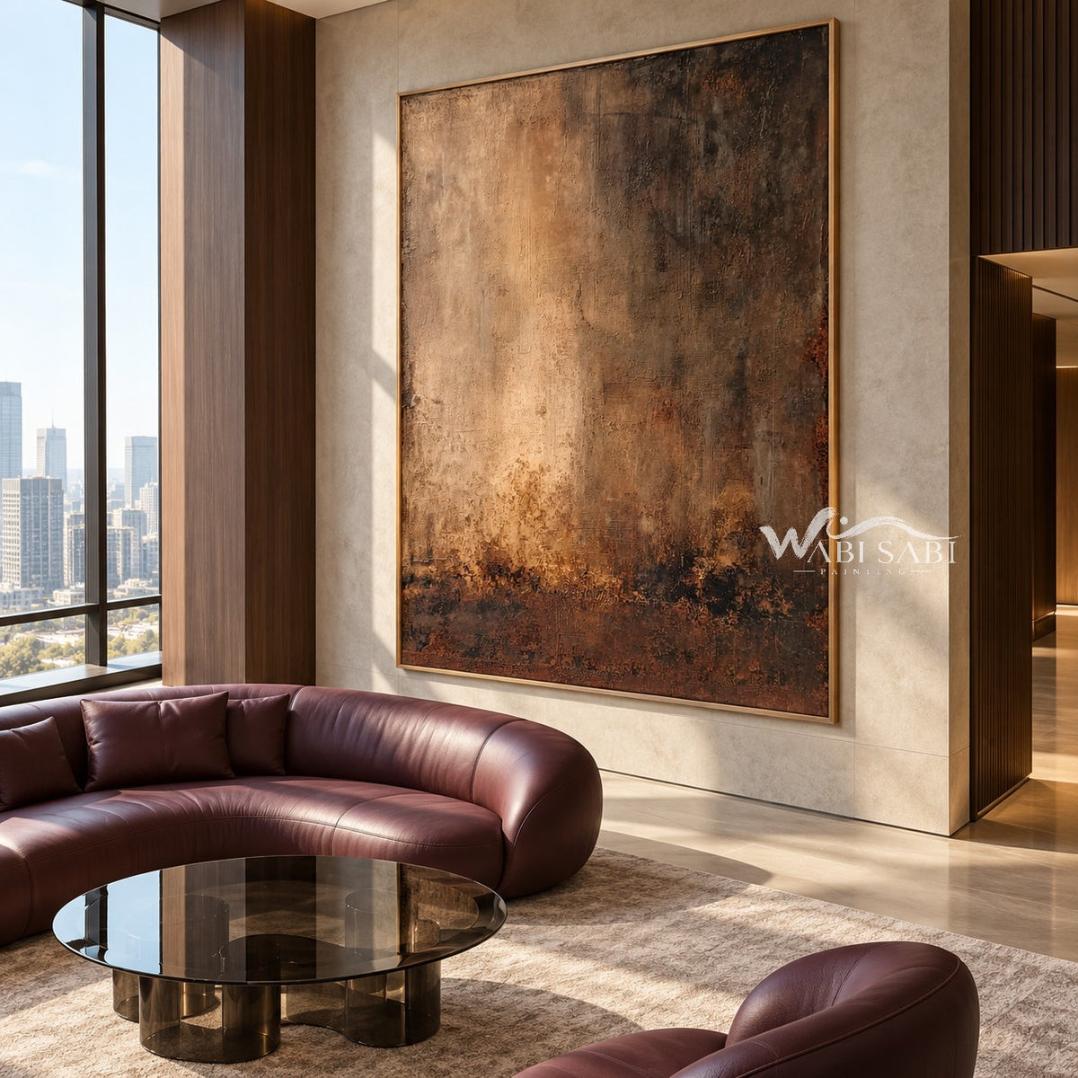 Faded Brass Abstract Wall Art shown above a sofa.