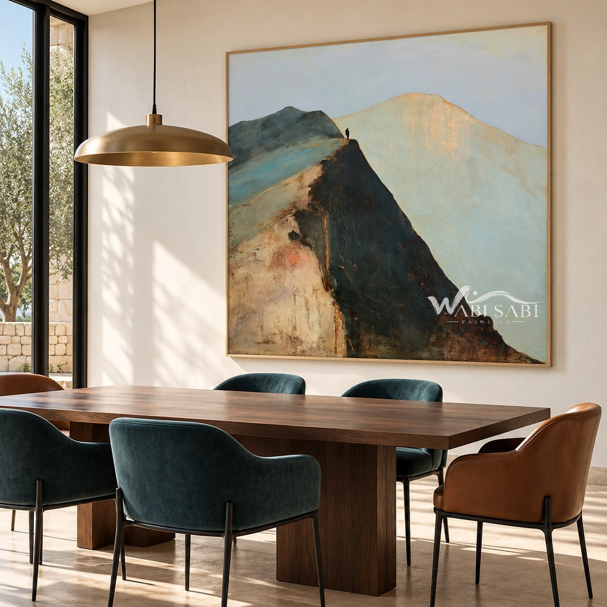 Figure above a Steep Dark Mountain Face shown above a dining table.