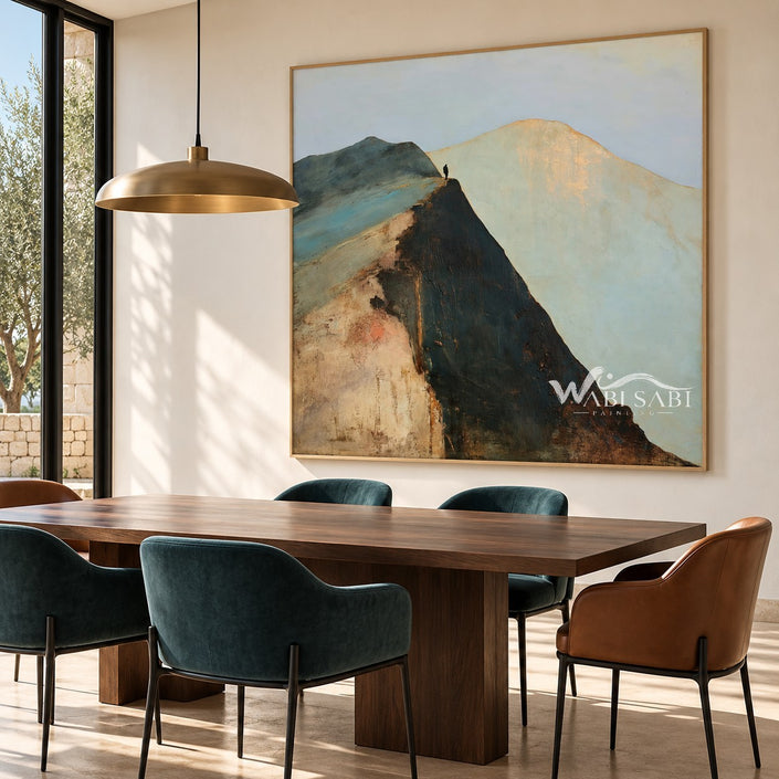 Figure above a Steep Dark Mountain Face shown above a dining table.
