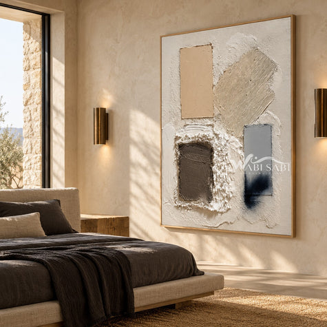Four Gestures Neutral Abstract shown in a bedroom.