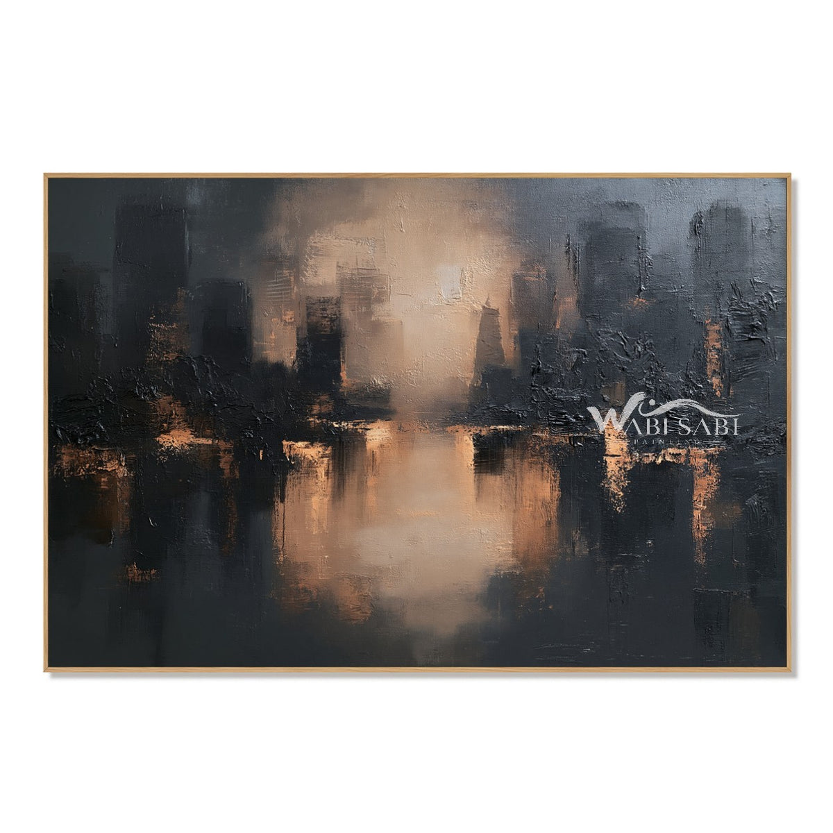 Glowing Waterfront Skyline Abstract Painting. Soft charcoal building silhouettes.