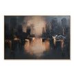Glowing Waterfront Skyline Abstract Painting. Soft charcoal building silhouettes.