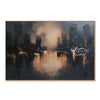 Glowing Waterfront Skyline Abstract Painting. Soft charcoal building silhouettes.