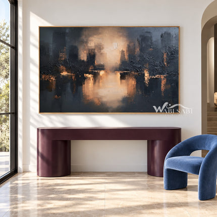 Glowing Waterfront Skyline Abstract Painting shown above a console.