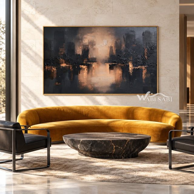 Glowing Waterfront Skyline Abstract Painting shown in a living room with a sofa.