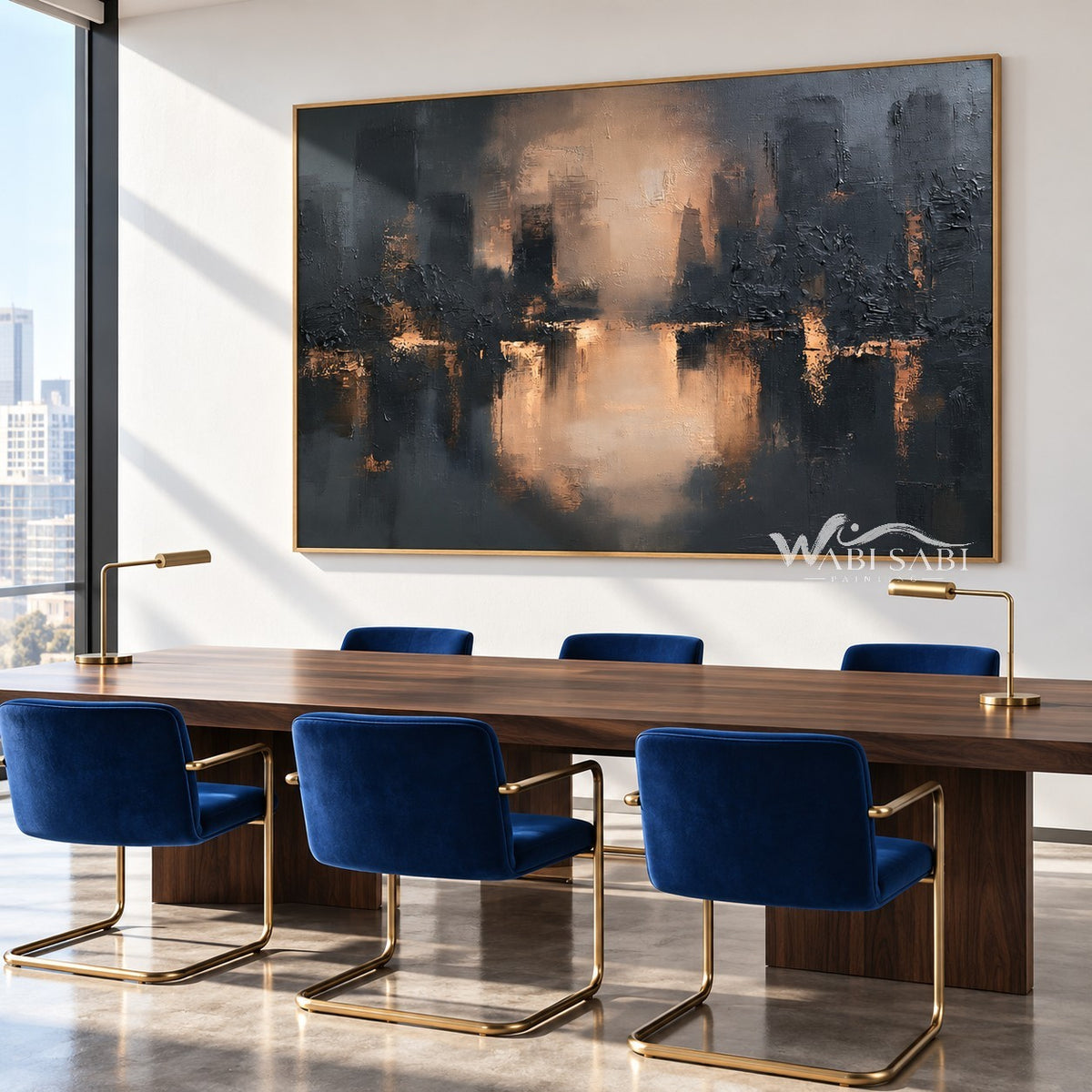 Glowing Waterfront Skyline Abstract Painting shown in a dining area.