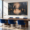 Glowing Waterfront Skyline Abstract Painting shown in a dining area.