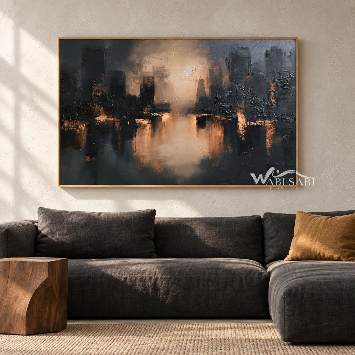 Glowing Waterfront Skyline Abstract Painting shown in a living room with a sofa.