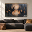 Glowing Waterfront Skyline Abstract Painting shown in a living room with a sofa.