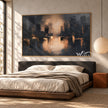 Glowing Waterfront Skyline Abstract Painting shown in a bedroom.