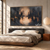 Glowing Waterfront Skyline Abstract Painting shown in a bedroom.