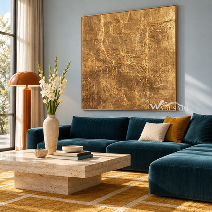 Gold Tone Creased Surface Abstract Painting shown in a living room with a sofa.
