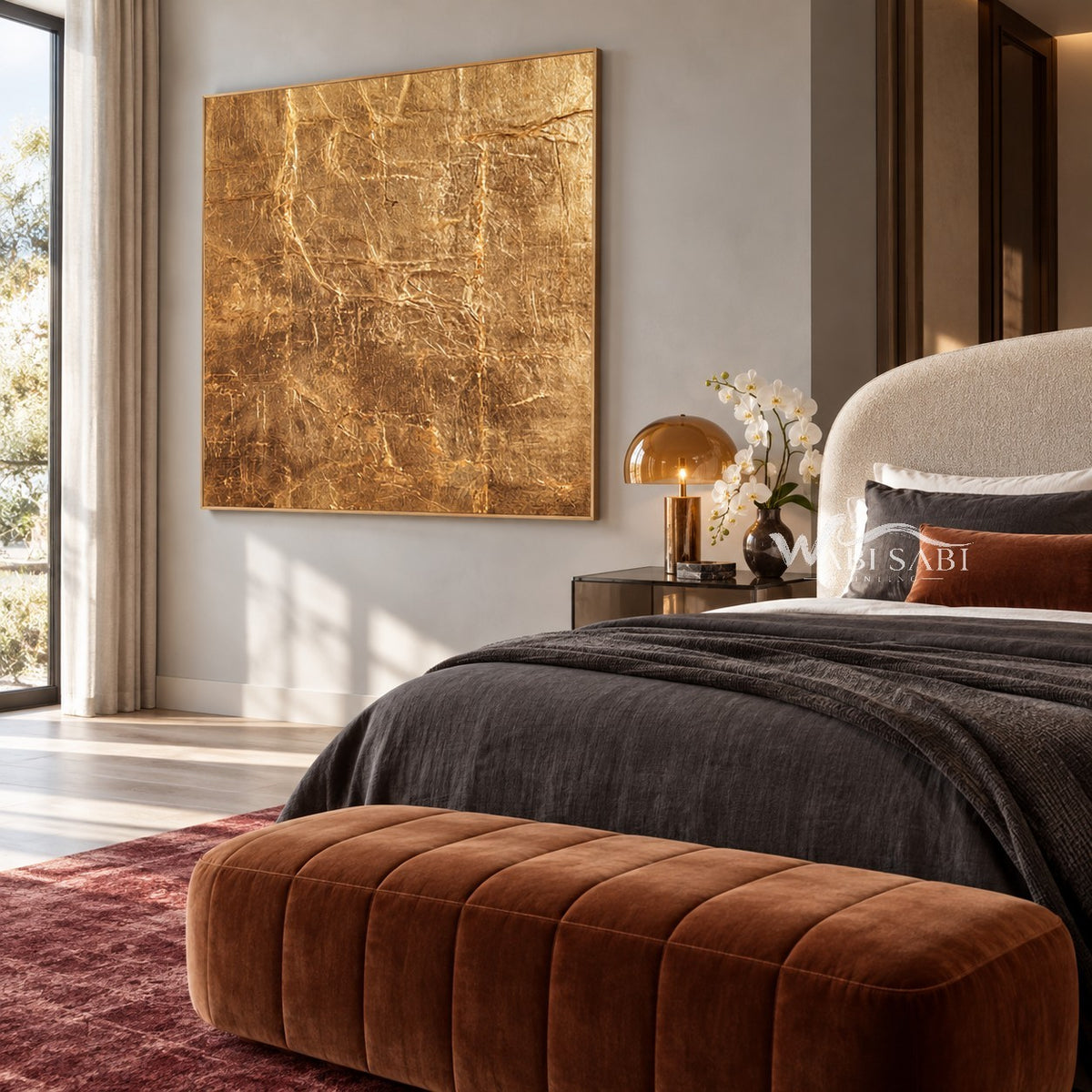 Gold Tone Creased Surface Abstract Painting shown in a bedroom.