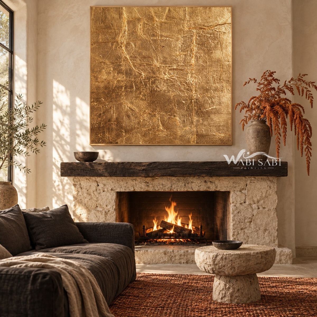 Gold Tone Creased Surface Abstract Painting shown near a fireplace.