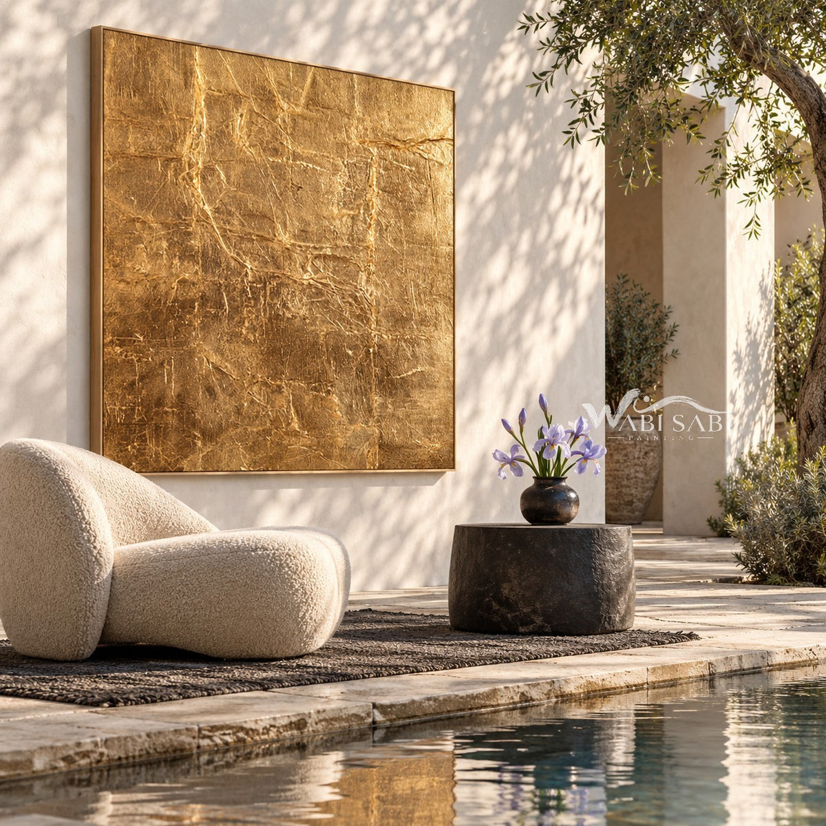 Gold Tone Creased Surface Abstract Painting shown in a poolside interior.
