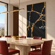 Gold Veins on Black Abstract Art shown in a dining area.