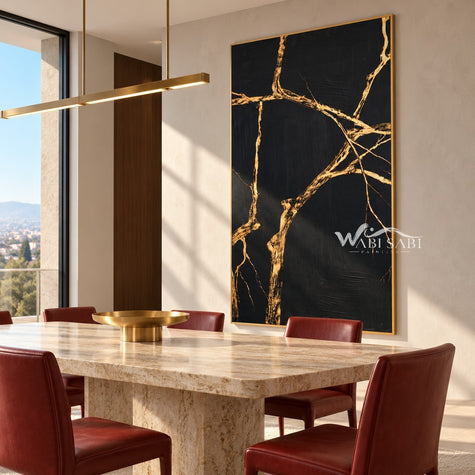 Gold Veins on Black Abstract Art shown in a dining area.