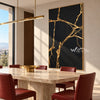 Gold Veins on Black Abstract Art shown in a dining area.