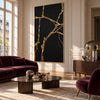 Gold Veins on Black Abstract Art shown above a sofa.