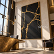 Gold Veins on Black Abstract Art shown beside a staircase.