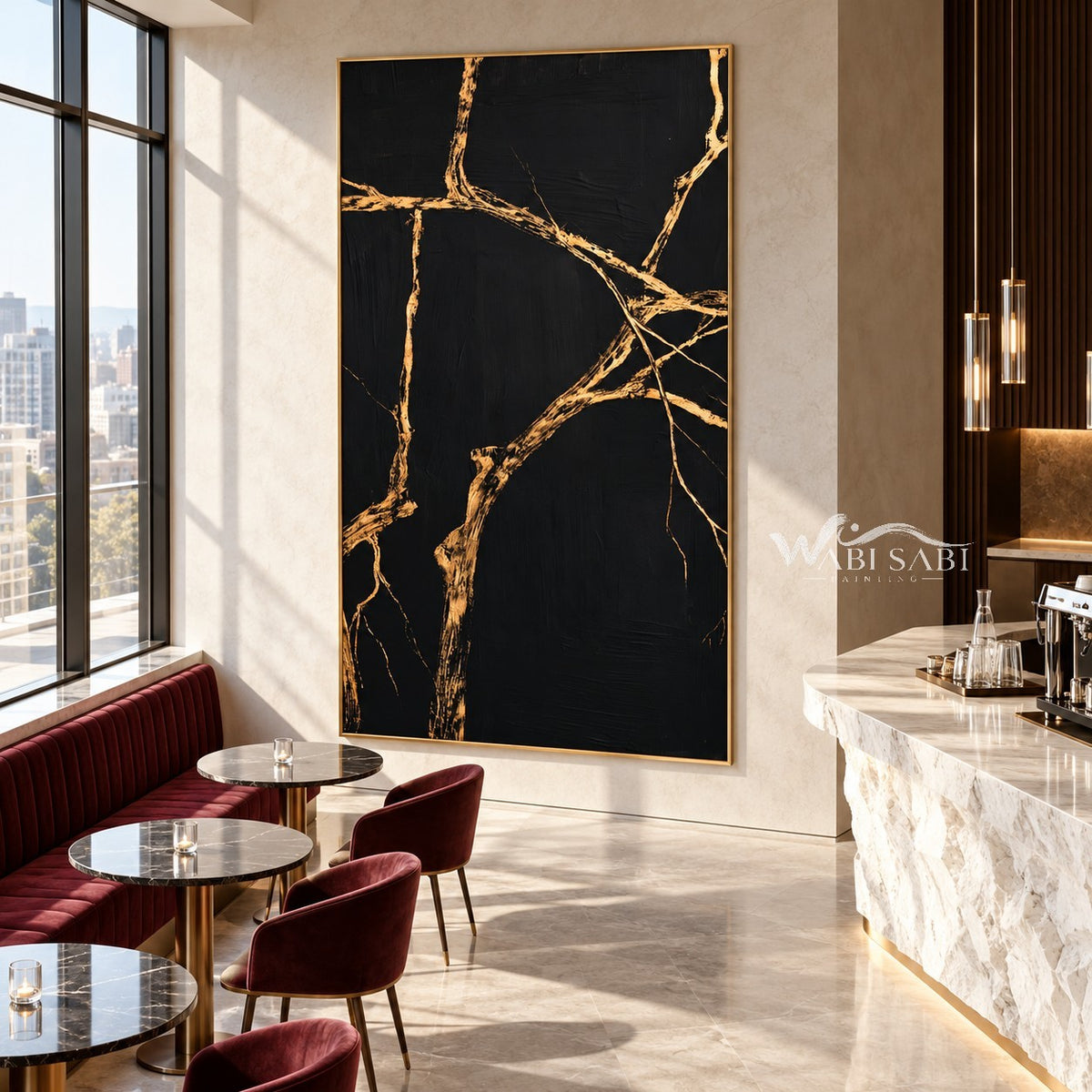 Gold Veins on Black Abstract Art shown in a bar area.