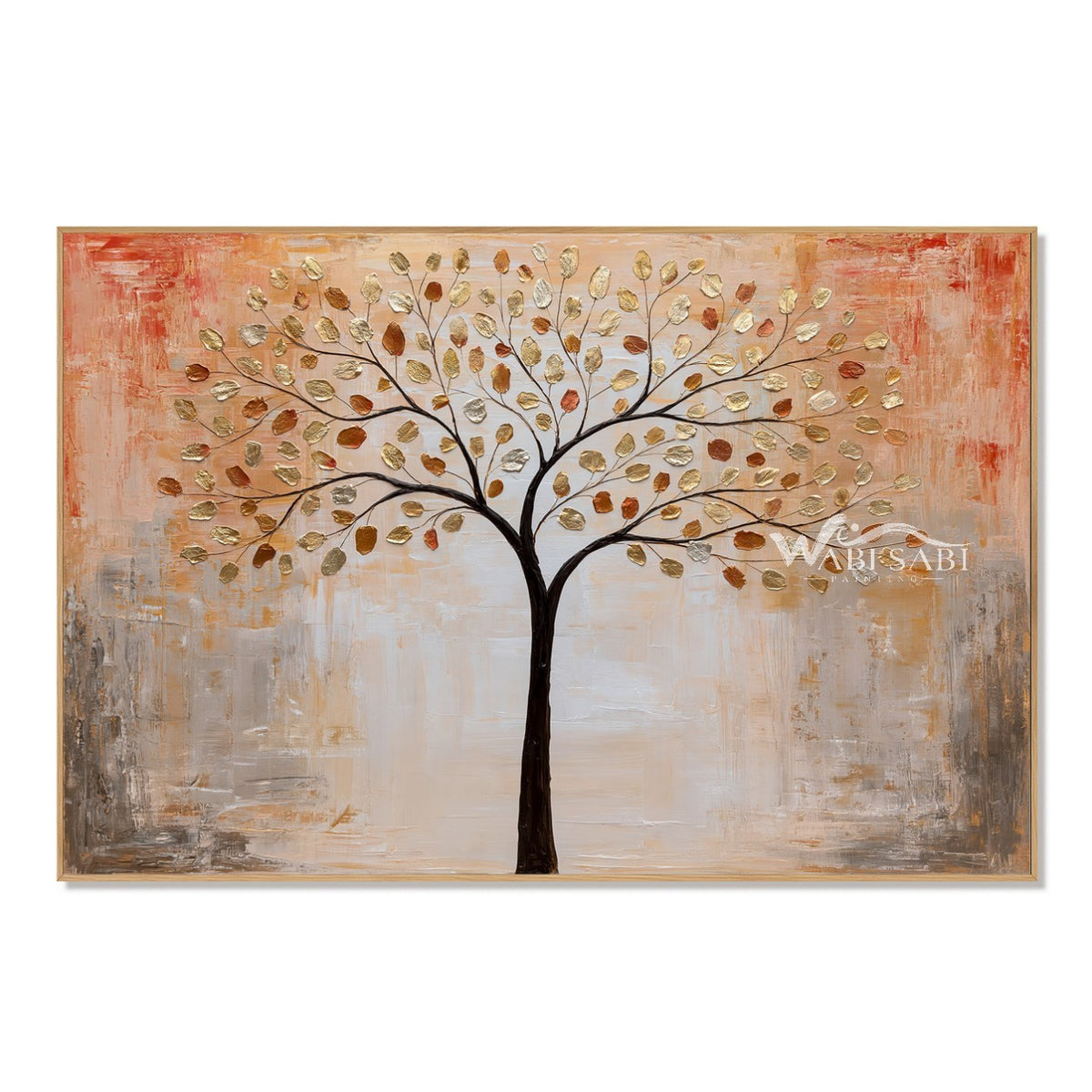 Golden Leaf Tree on a Peach Background Wall Art. Gold-colored and cream leaves.