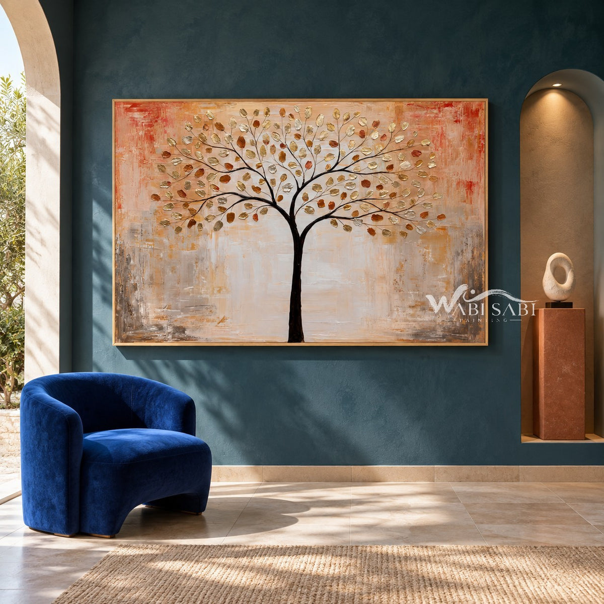 Golden Leaf Tree on a Peach Background Wall Art shown above a blue chair and a blue-fronted console.