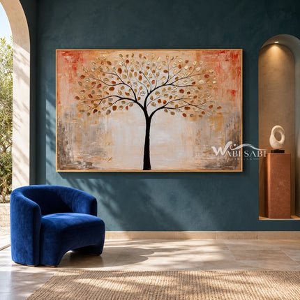 Golden Leaf Tree on a Peach Background Wall Art shown above a blue chair and a blue-fronted console.