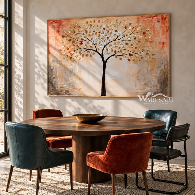 Golden Leaf Tree on a Peach Background Wall Art shown above a dining table.