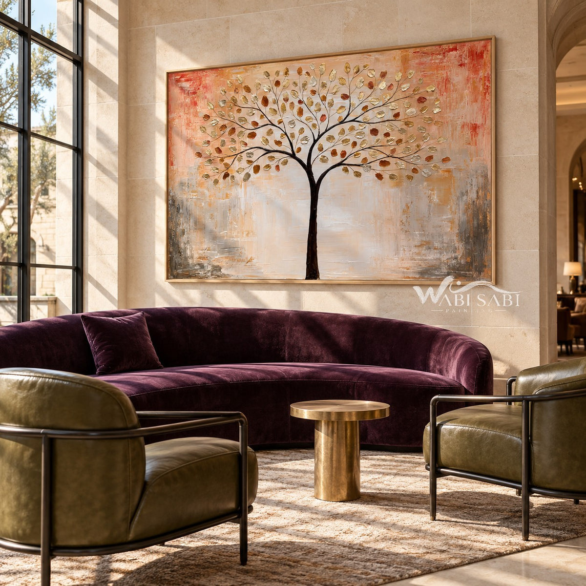 Golden Leaf Tree on a Peach Background Wall Art shown above a burgundy sofa.