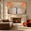 Golden Leaf Tree on a Peach Background Wall Art shown above a fireplace.