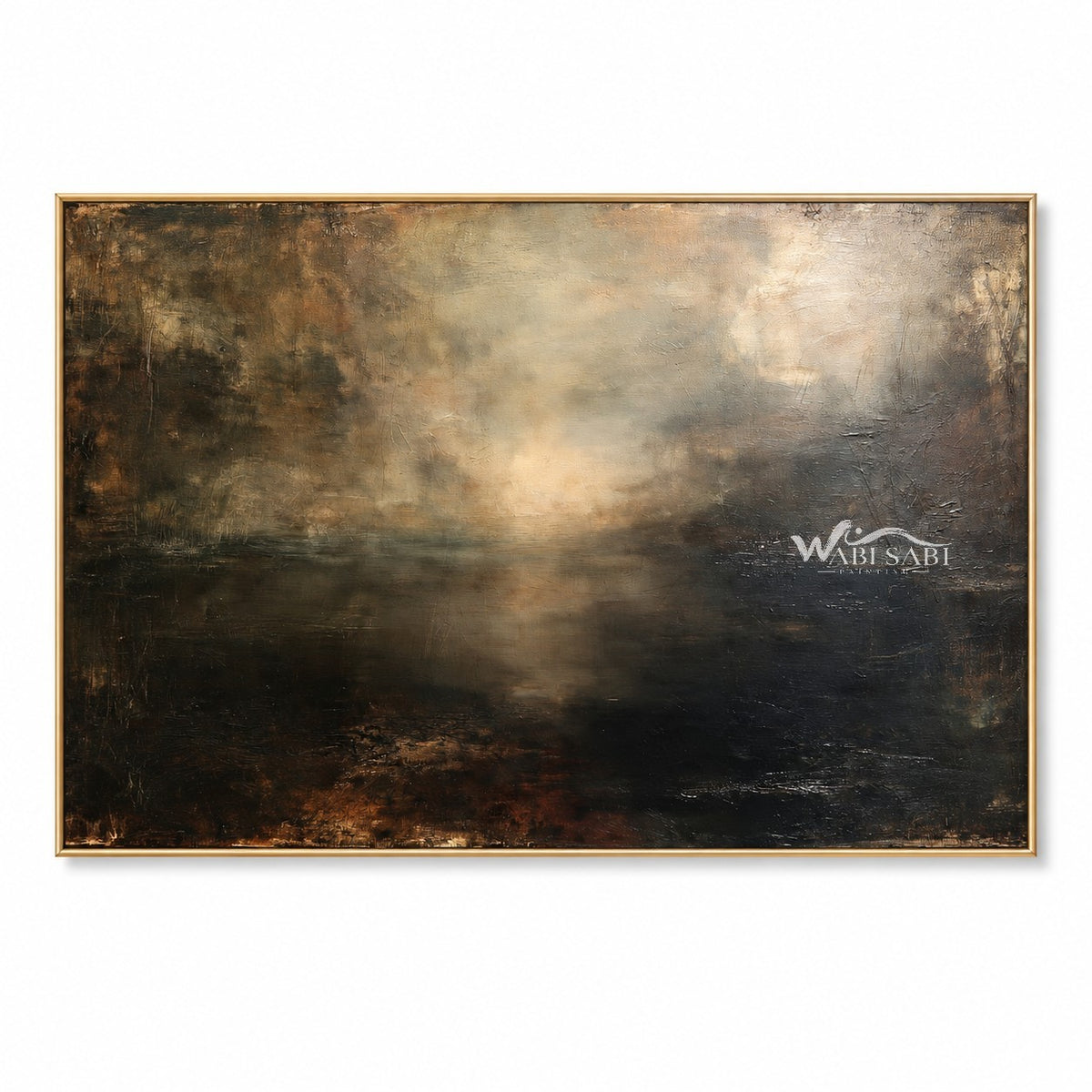 Golden opening in cloudy sky in gold, gray, brown, charcoal. Dark softly defined foreground.