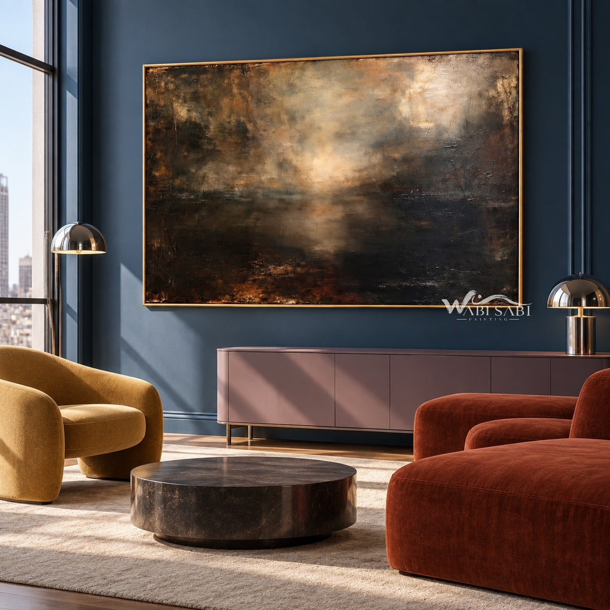 Golden Mist and Dark Landscape Wall Art shown above warm-colored lounge seating.