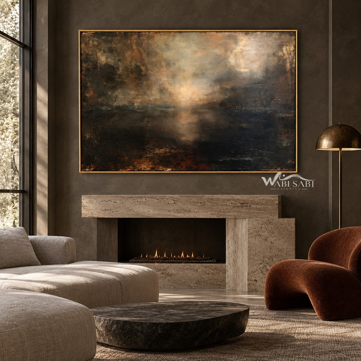 Golden Mist and Dark Landscape Wall Art shown above a fireplace.