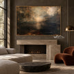 Golden Mist and Dark Landscape Wall Art shown above a fireplace.