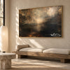 Golden Mist and Dark Landscape Wall Art shown above a long pale bench.