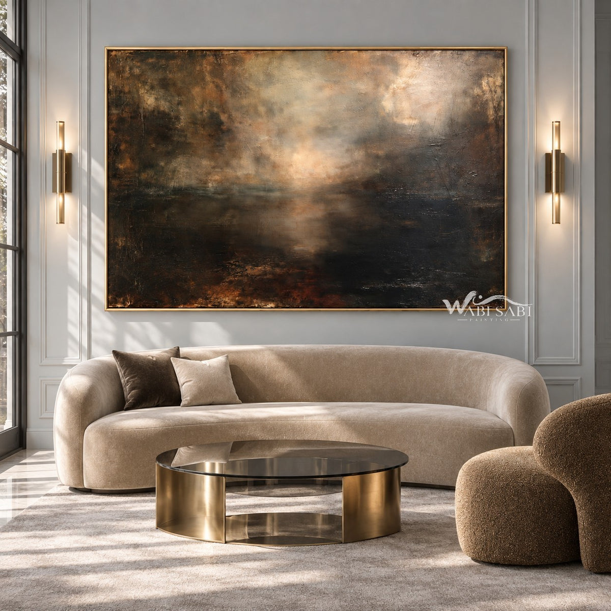 Golden Mist and Dark Landscape Wall Art shown above a cream sofa.