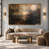 Golden Mist and Dark Landscape Wall Art shown above a cream sofa.