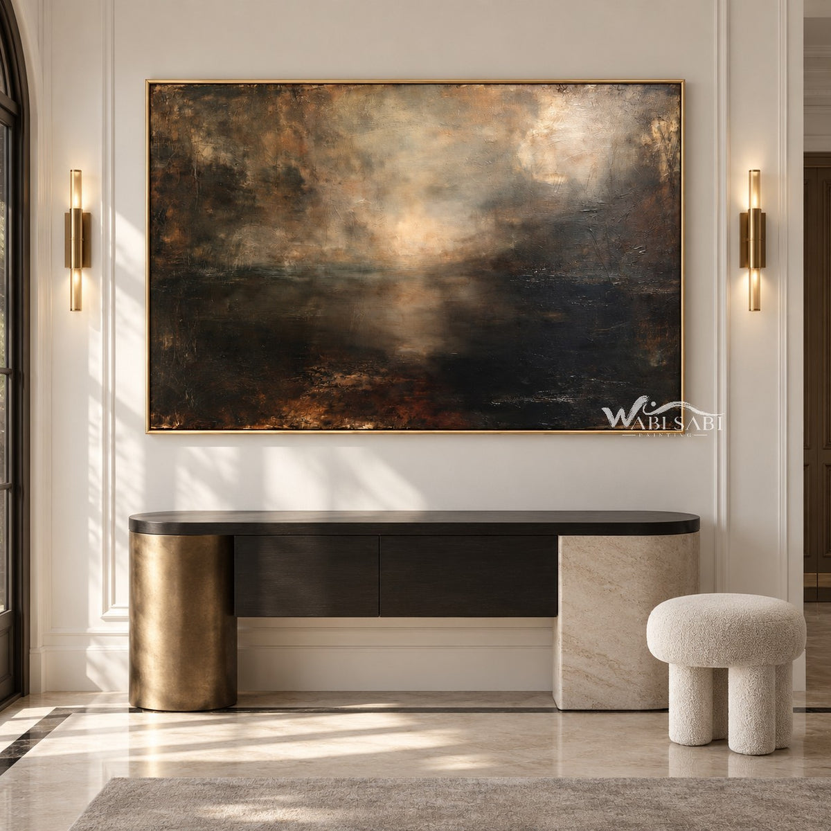 Golden Mist and Dark Landscape Wall Art shown above a dark console.