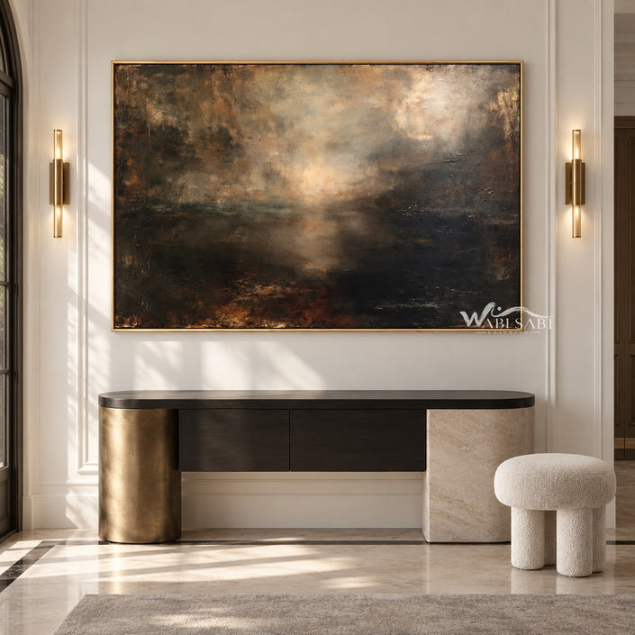 Golden Mist and Dark Landscape Wall Art shown above a dark console.