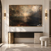 Golden Mist and Dark Landscape Wall Art shown above a dark console.
