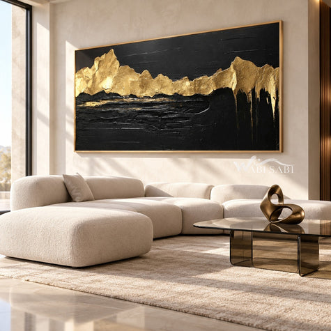 Golden Ridgeline on Black Canvas shown above a sofa.